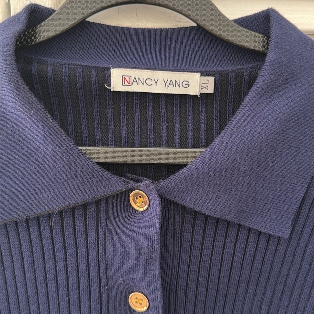 Nancy Yang Navy Ribbed Button-Up Cardigan - Picture 9 of 11